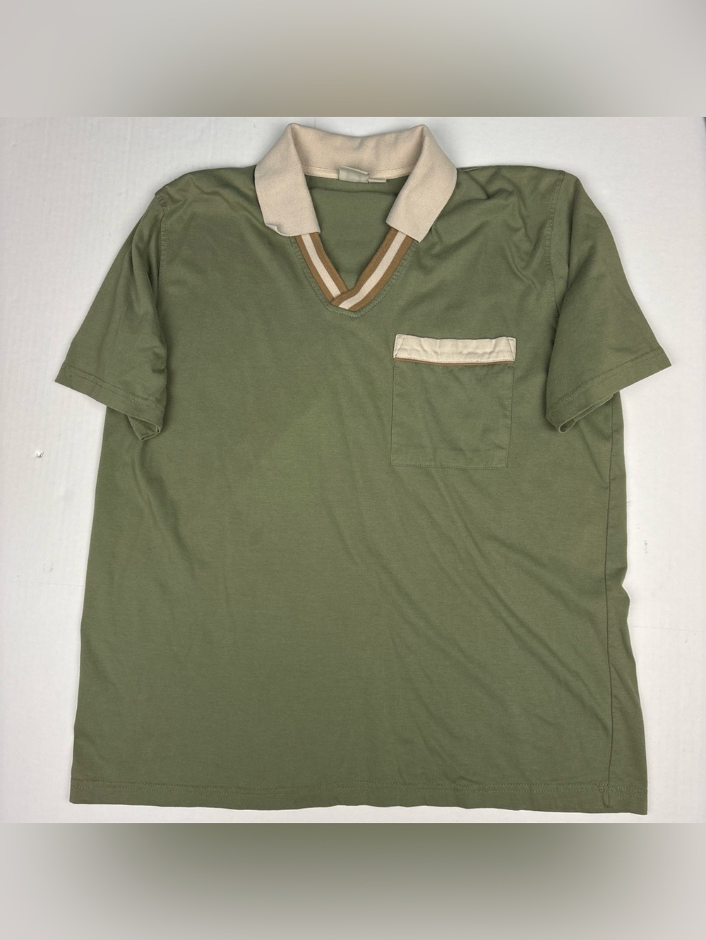 Vintage Haband Men Large Polo Shirt Army Green Beige Brown Knit Trim V-Neck